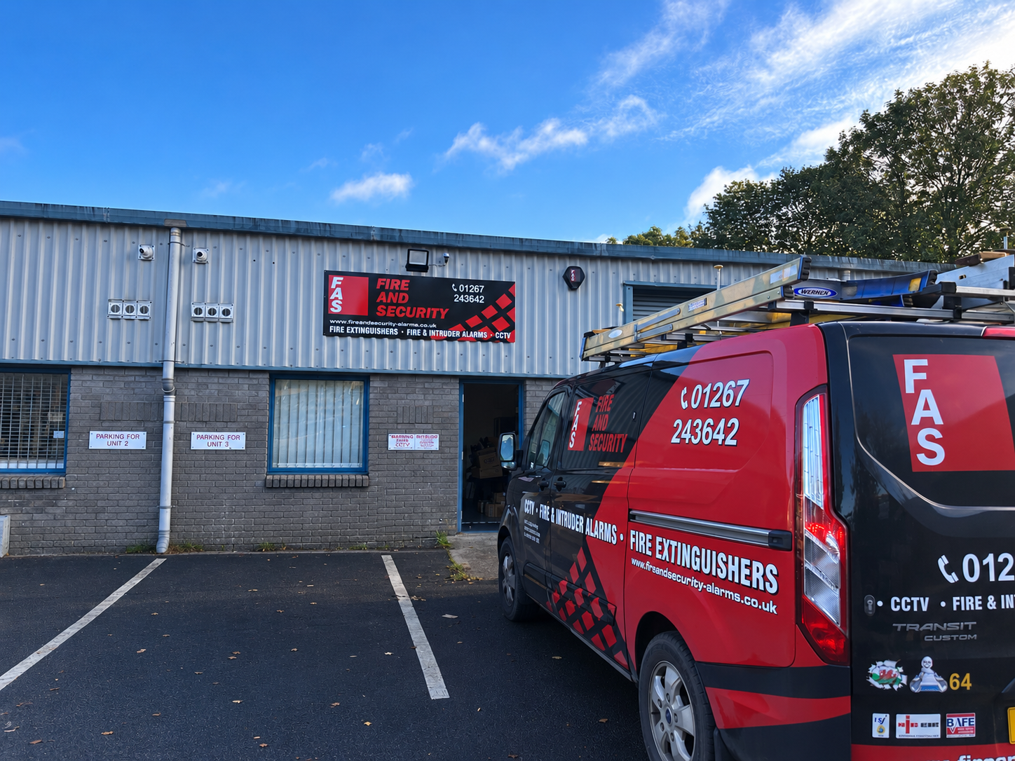 The Fire and Security Alarms office and branded van in Johnstown, Carmarthen